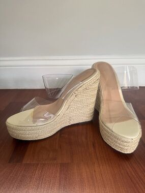 Clear Strap Espadrille Wedge Sandals in Natural